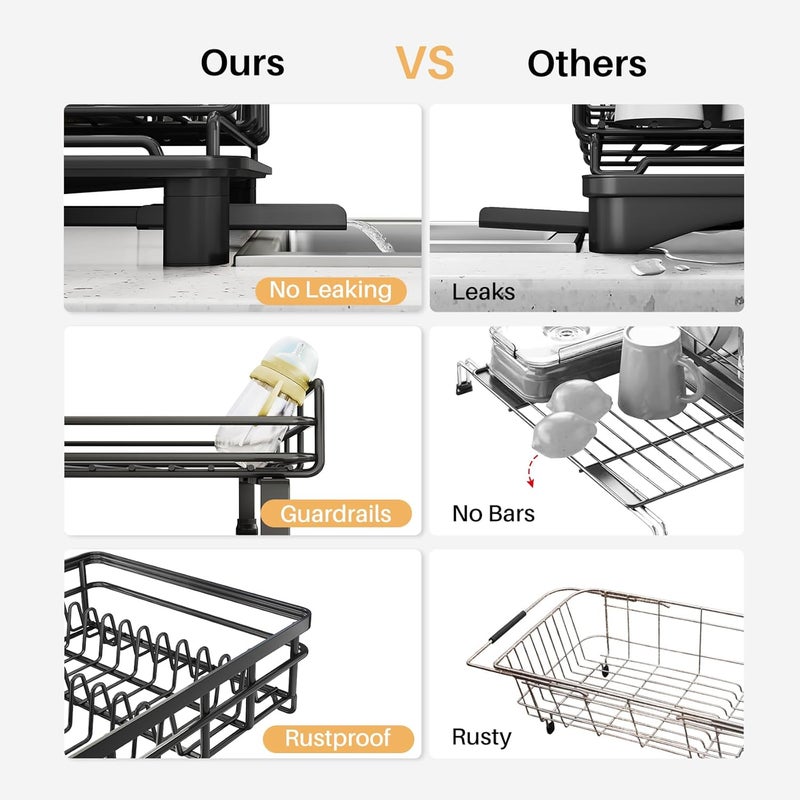 SNTD Dish Drying Rack - Extendable Dish Rack, Large Sink Drying Dish Drainer for Kitchen Counter, Stainless Steel Dish Strainer with Utensil Holder (Black) - Image 3
